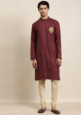 Maroon Thread Work Cotton Kurta For Men