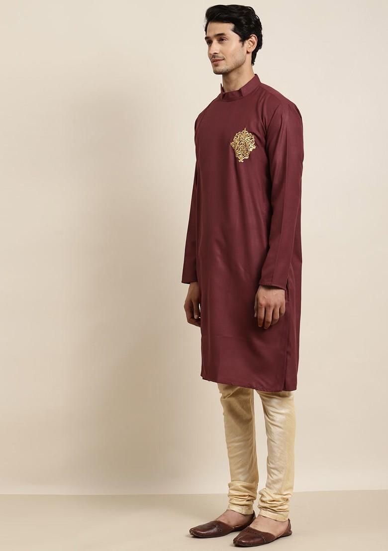 Maroon Thread Work Cotton Kurta For Men