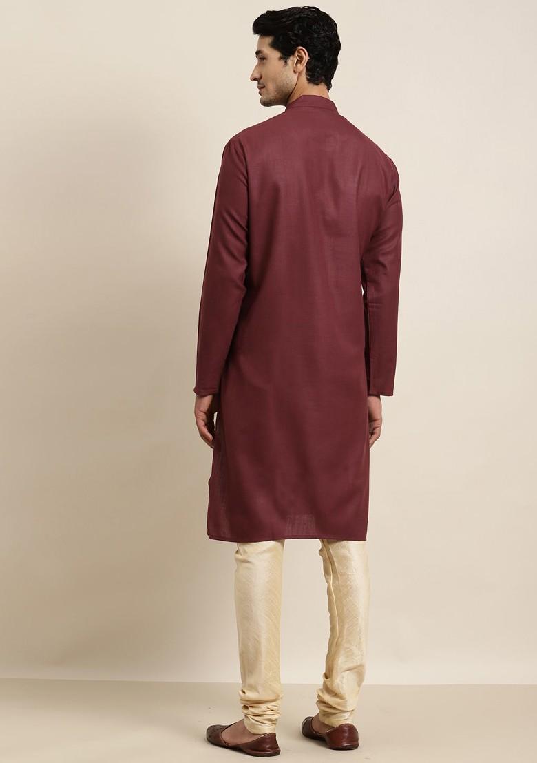 Maroon Thread Work Cotton Kurta For Men