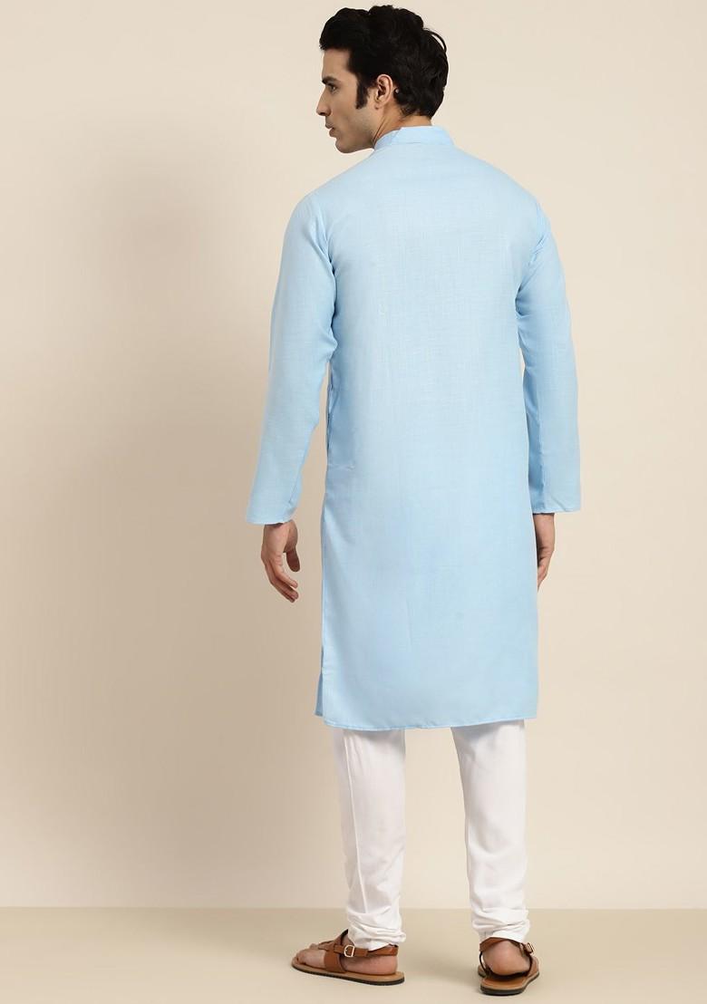 Blue Solid Poly Blend Kurta For Men