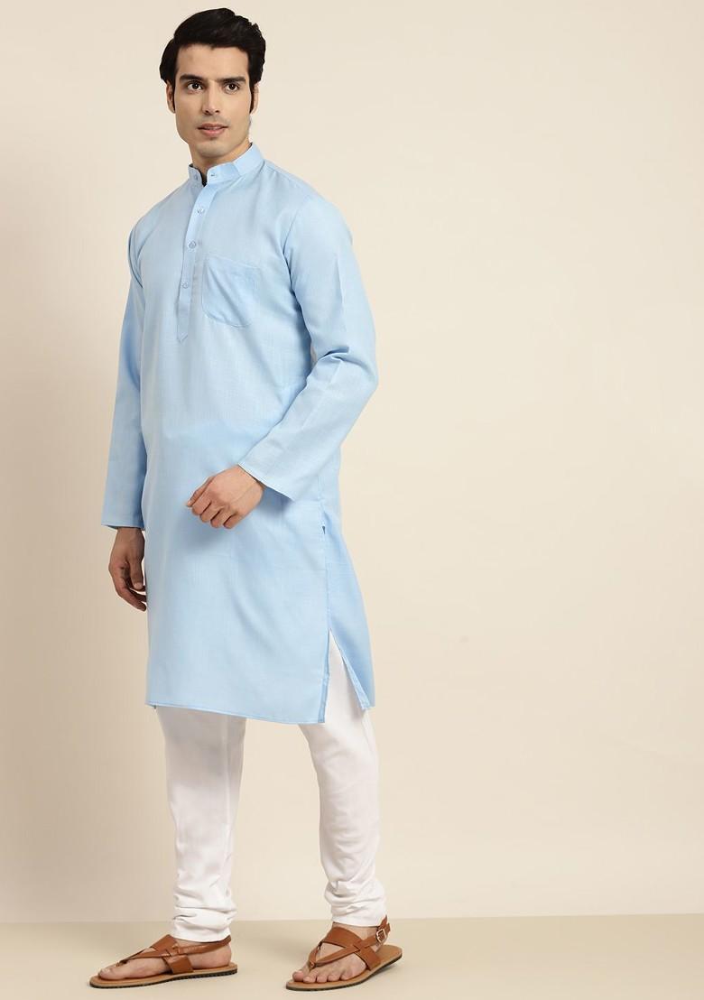 Blue Solid Poly Blend Kurta For Men
