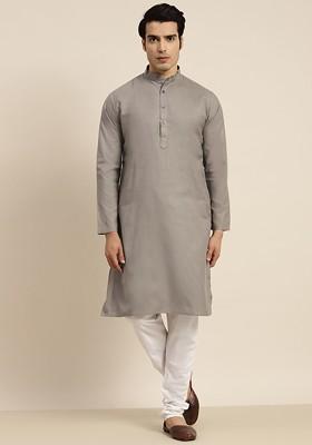Grey Solid Poly Blend Kurta For Men