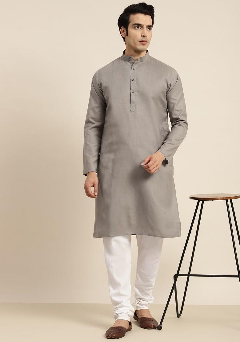 Grey Solid Poly Blend Kurta For Men