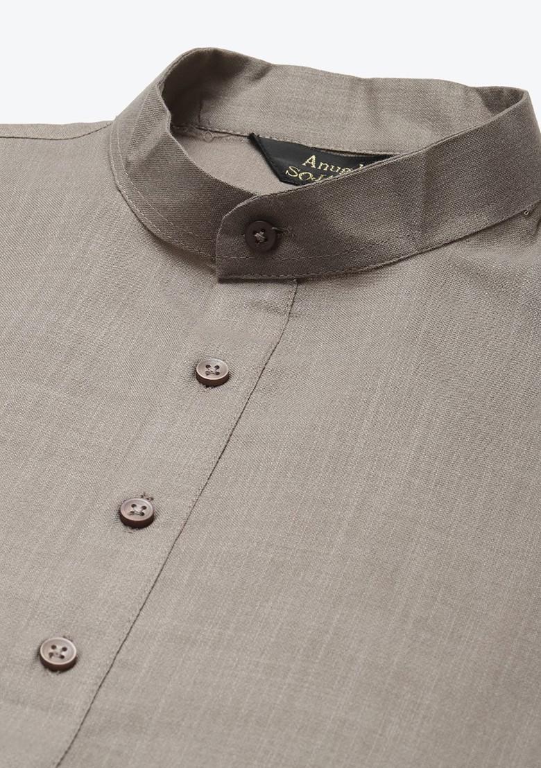 Grey Solid Poly Blend Kurta For Men