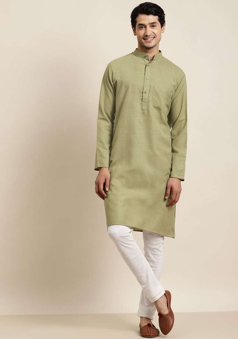 Green Solid Poly Blend Kurta For Men - Indya