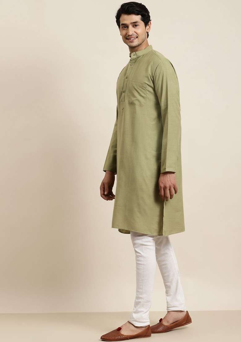 Green Solid Poly Blend Kurta For Men - Indya