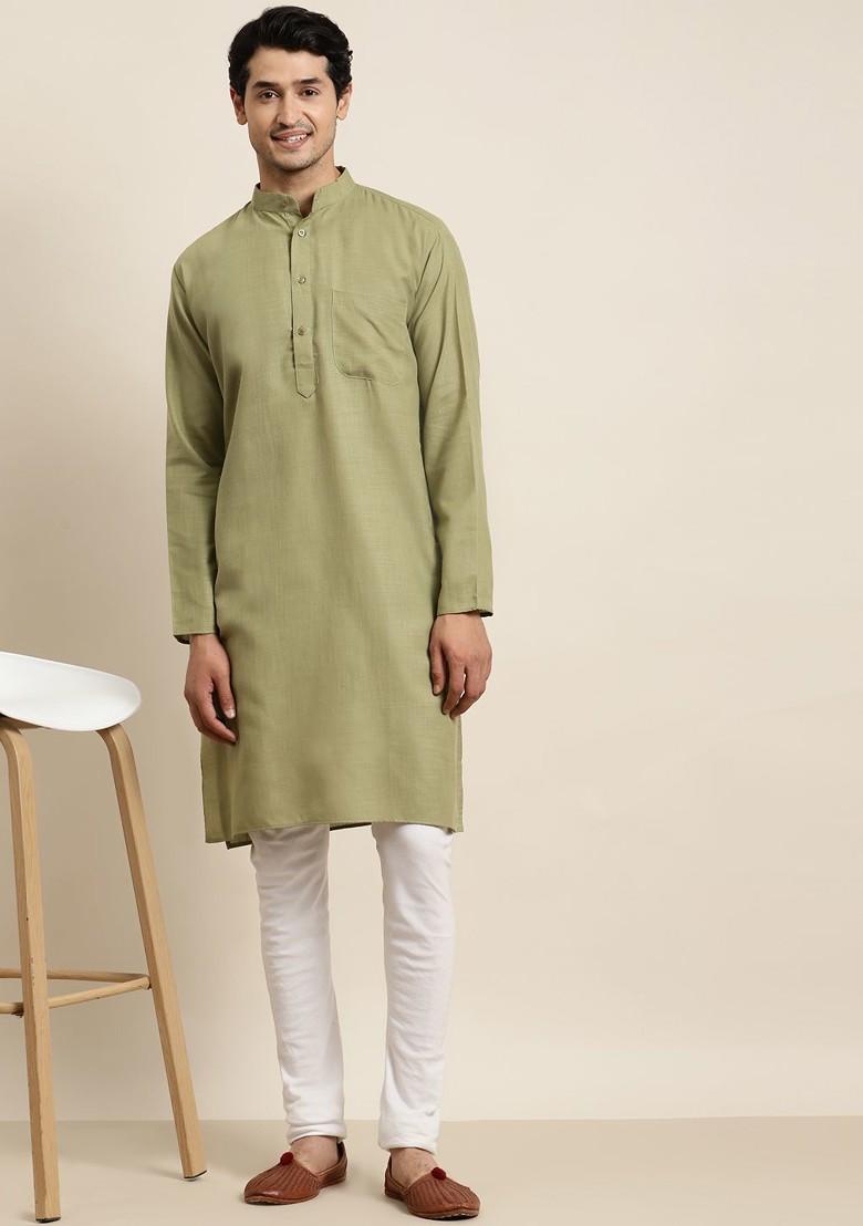Green Solid Poly Blend Kurta For Men
