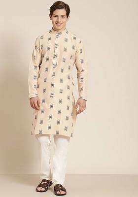 Beige Solid Cotton Kurta For Men