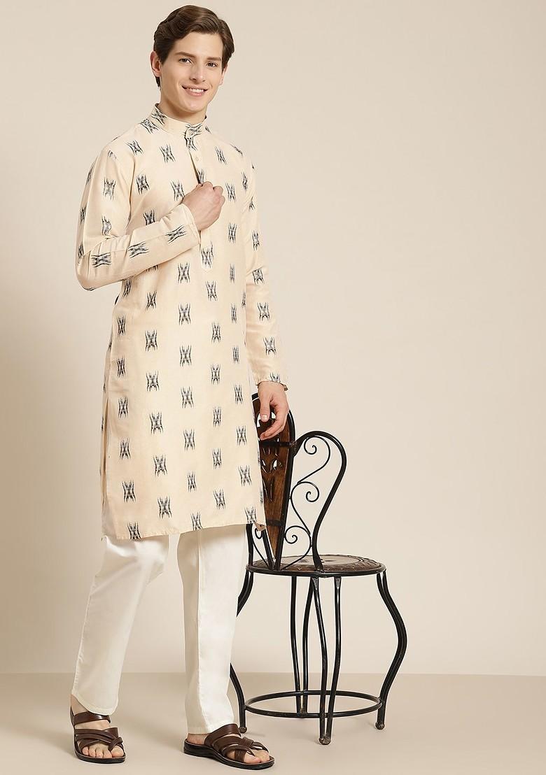 Beige Solid Cotton Kurta For Men