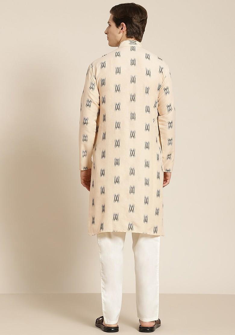Beige Solid Cotton Kurta For Men