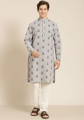 Grey Solid Cotton Kurta For Men
