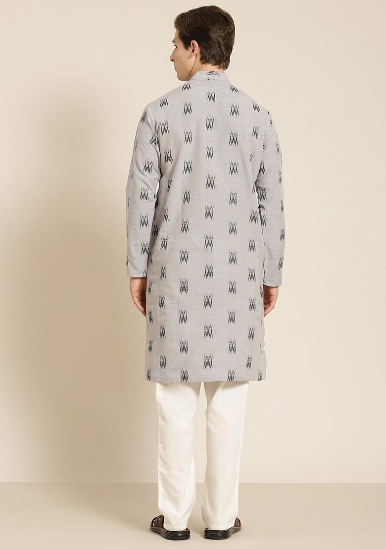 Grey Solid Cotton Kurta For Men