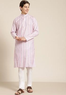 Pink Striped Cotton Kurta For Men