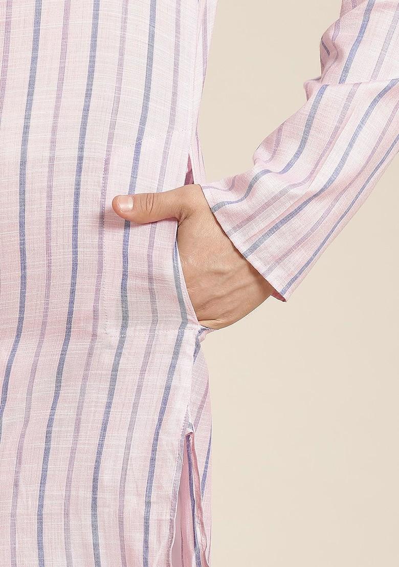Pink Striped Cotton Kurta For Men