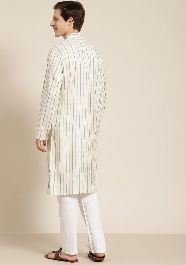 Cream Striped Cotton Kurta For Men