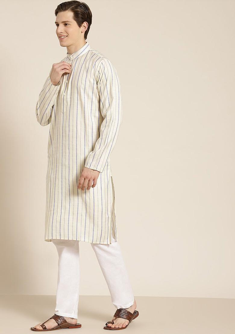 Cream Striped Cotton Kurta For Men