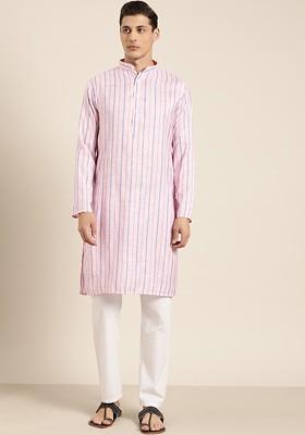 Pink Striped Poly Blend Kurta For Men