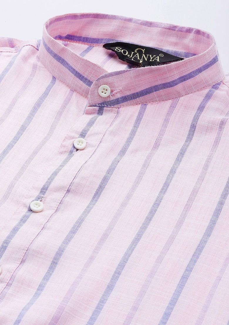 Pink Striped Poly Blend Kurta For Men