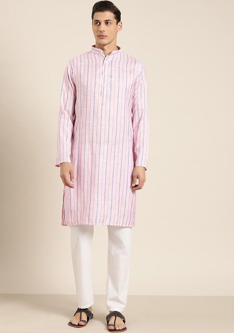 Pink Striped Poly Blend Kurta For Men