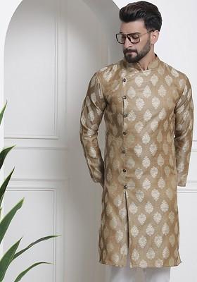 Beige Ethnic Motifs Jacquard Kurta For Men