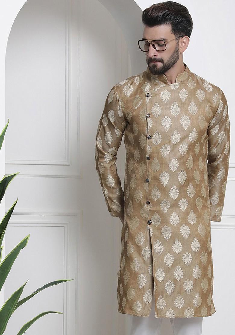 Beige Ethnic Motifs Jacquard Kurta For Men