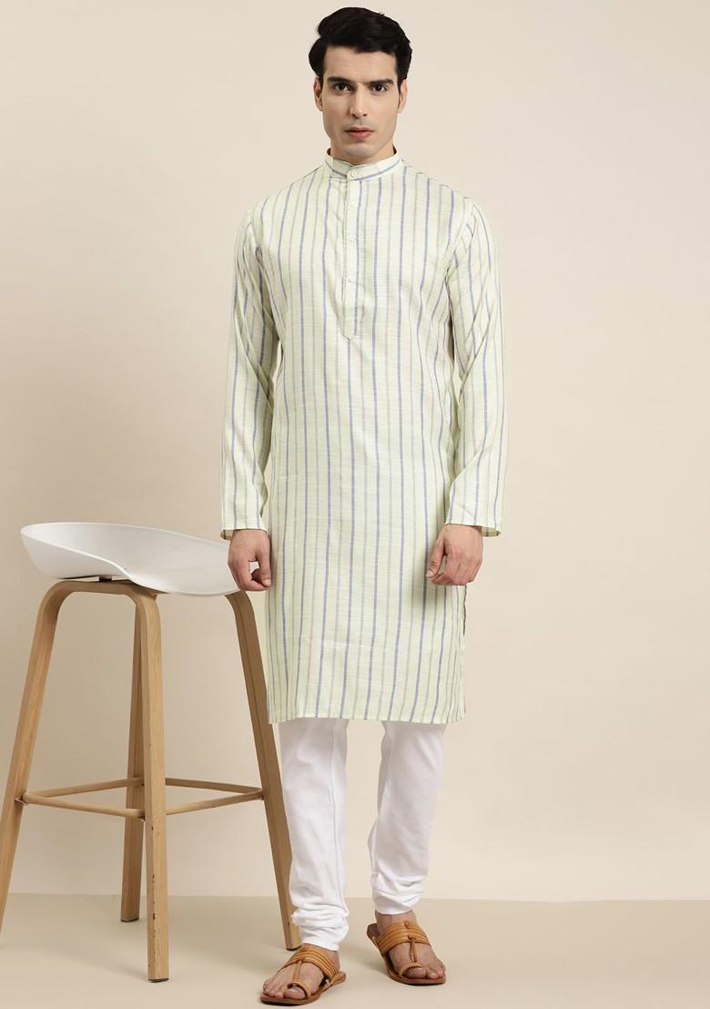 Yellow Striped Cotton Kurta For Men