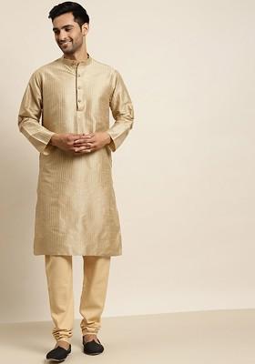 Gold Solid Poly Blend Kurta For Men