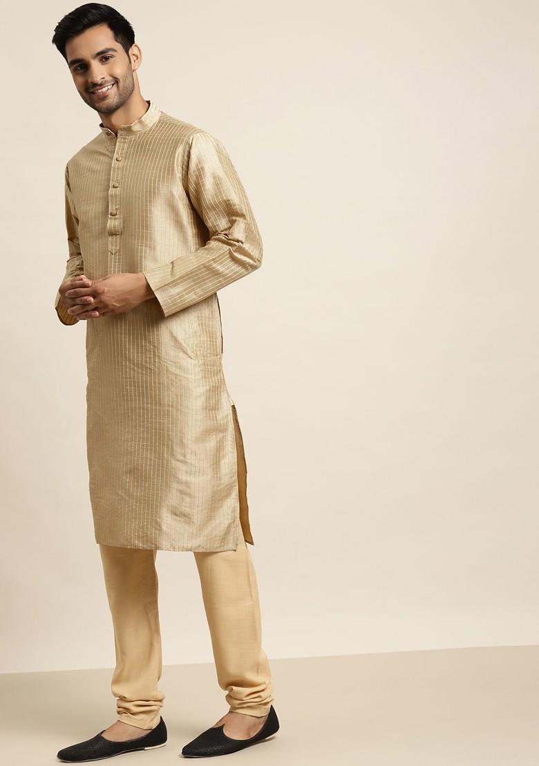 Gold Solid Poly Blend Kurta For Men