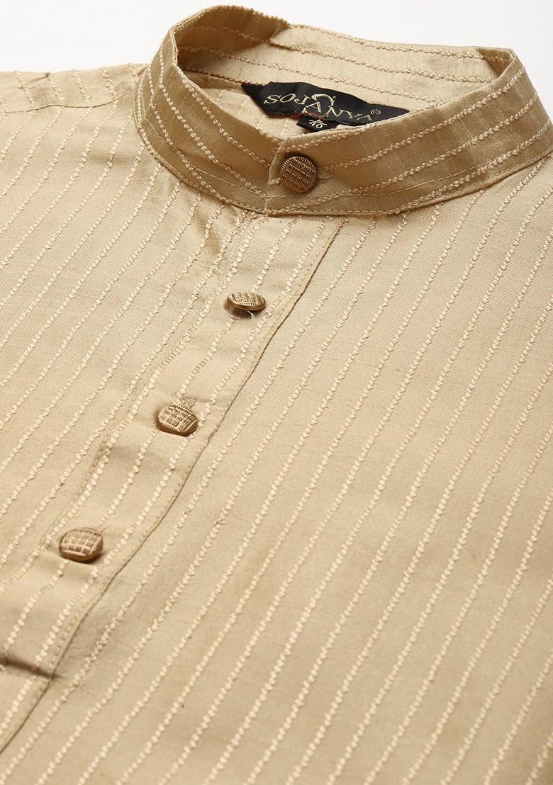 Gold Solid Poly Blend Kurta For Men