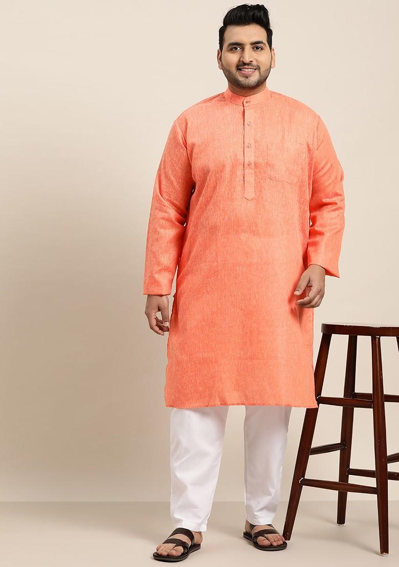 Orange Woven Poly Blend Kurta For Men