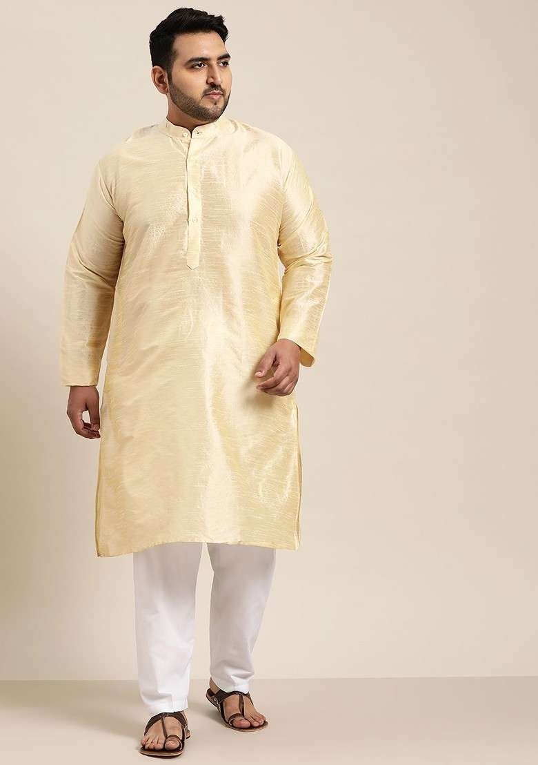 Gold Solid Poly Blend Kurta For Men - Indya