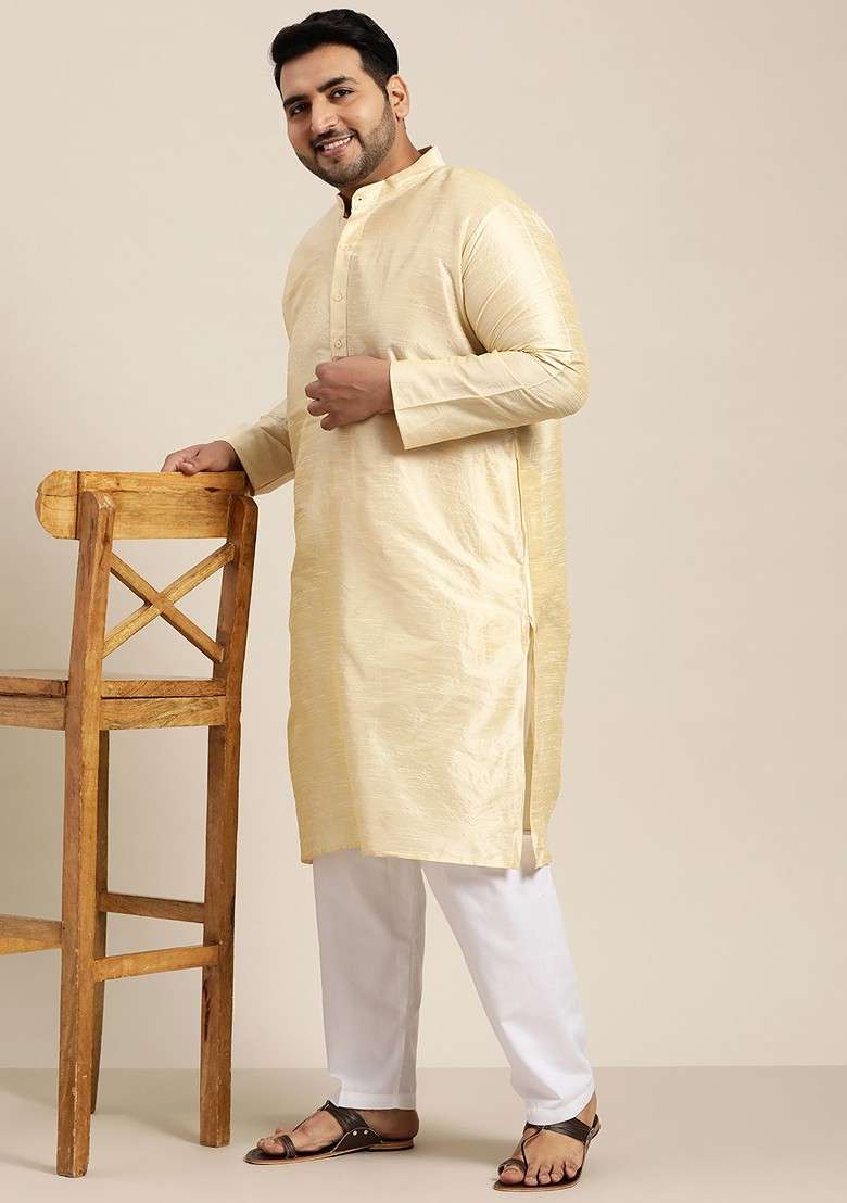 Gold Solid Poly Blend Kurta For Men - Indya