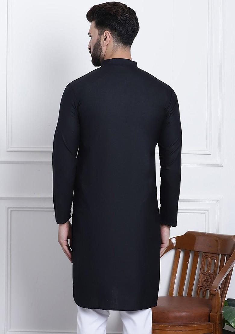 Black Solid Cotton Kurta For Men