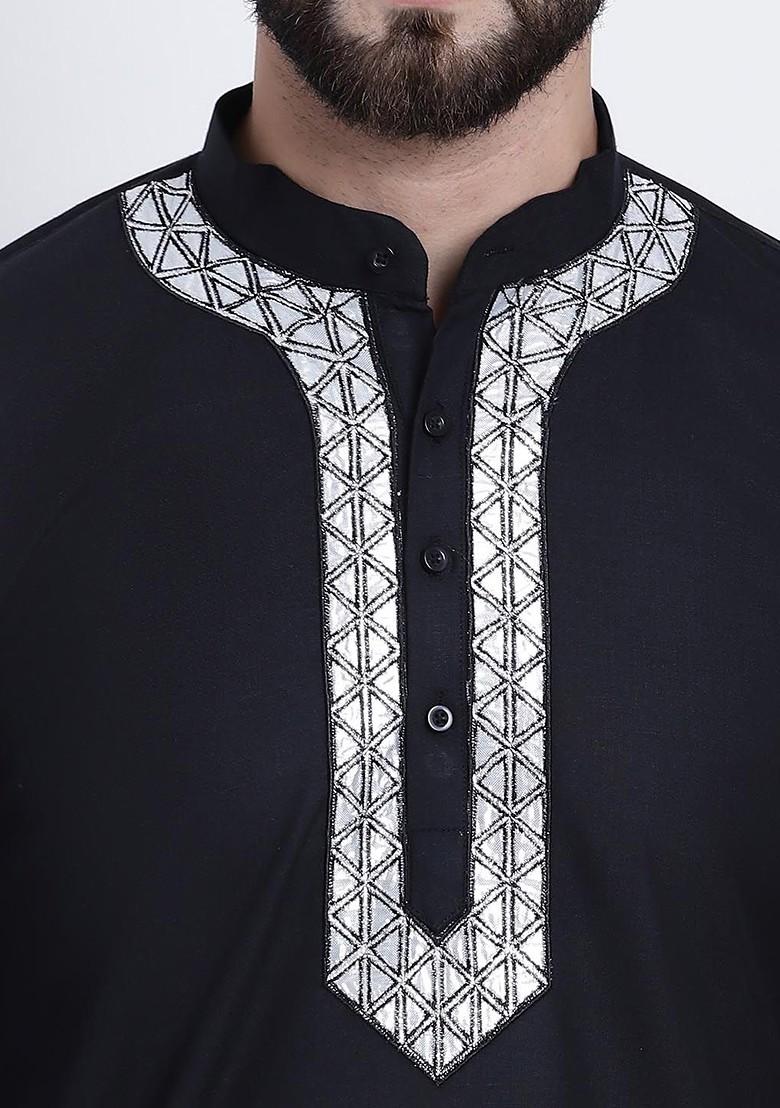Black Solid Cotton Kurta For Men
