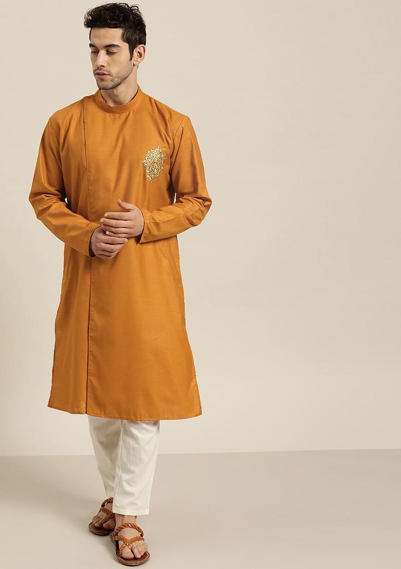 Mustard Solid Cotton Kurta For Men