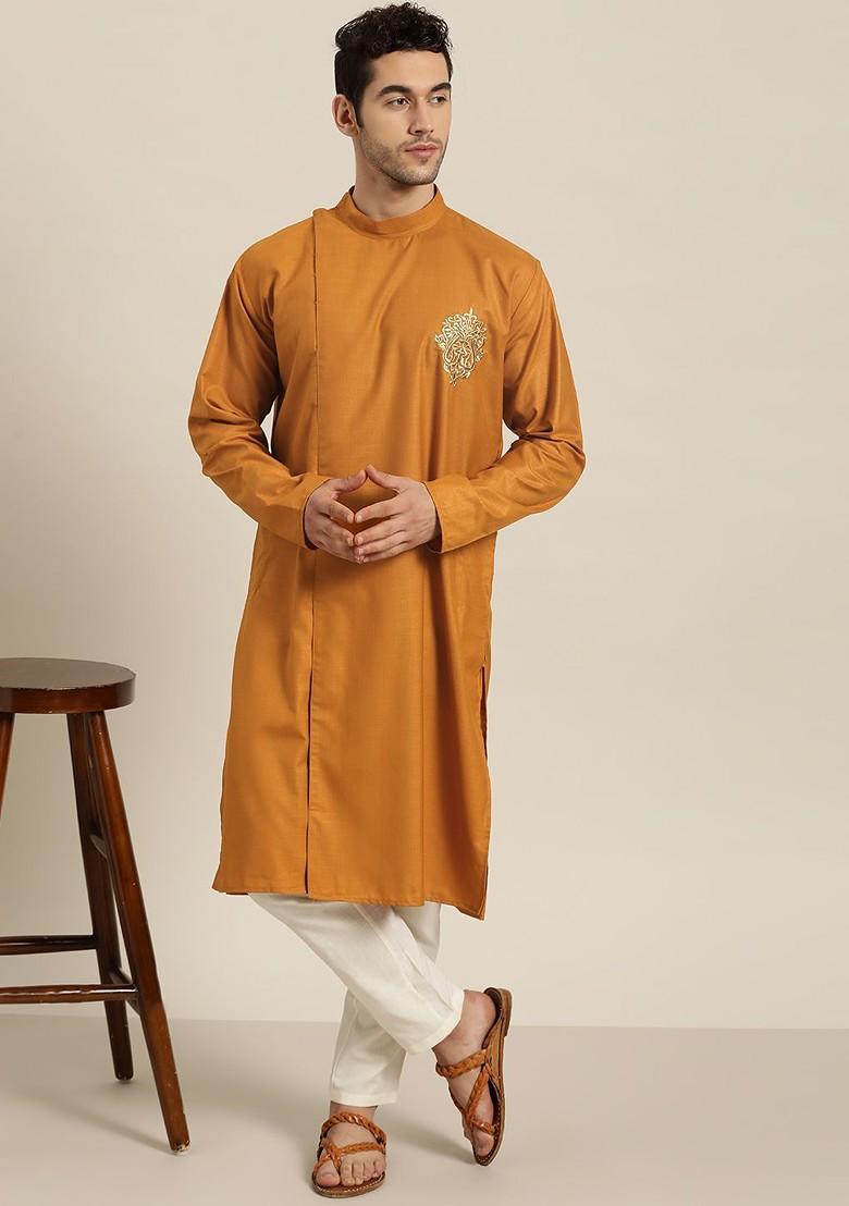 Mustard Solid Cotton Kurta For Men