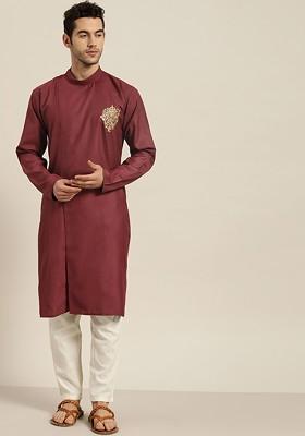 Maroon Solid Cotton Kurta For Men