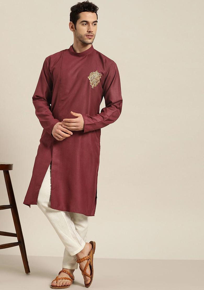 Maroon Solid Cotton Kurta For Men