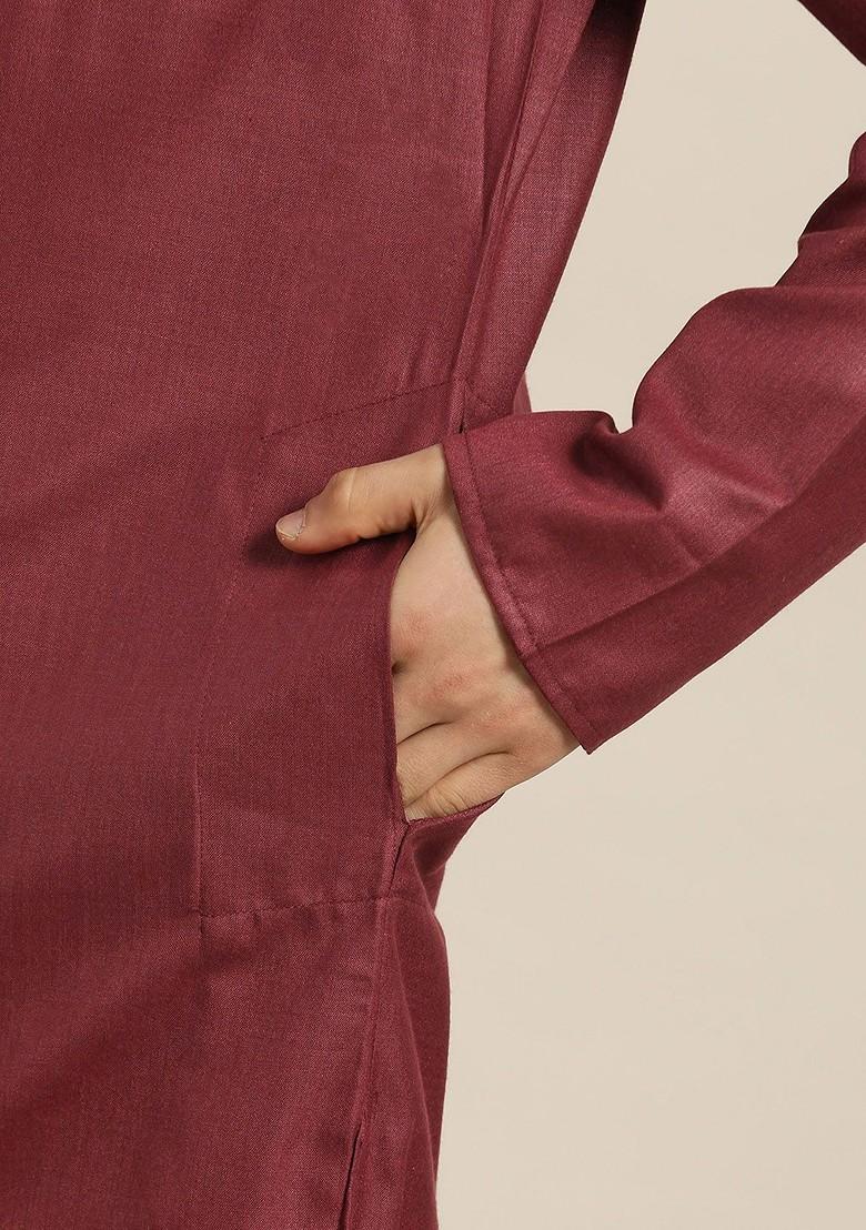 Maroon Solid Cotton Kurta For Men