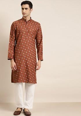 Rust Orange Printed Cotton Kurta For Men