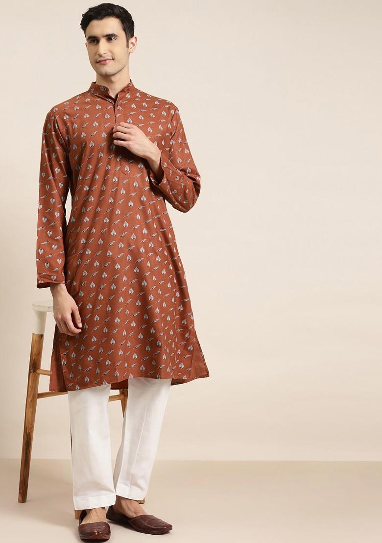 Rust Orange Printed Cotton Kurta For Men