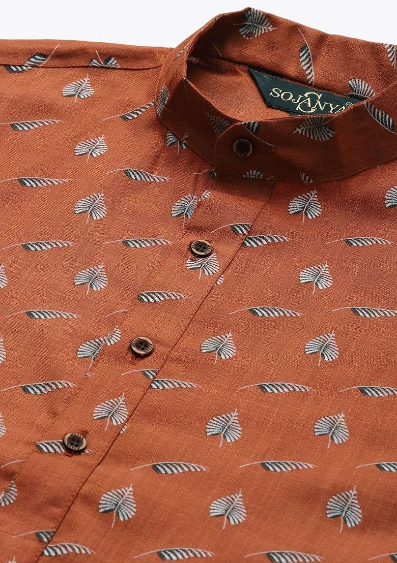 Rust Orange Printed Cotton Kurta For Men - Indya