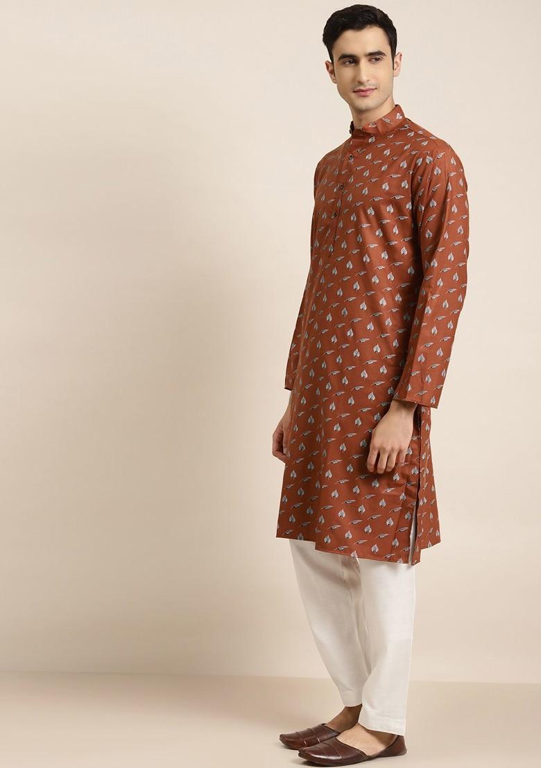 Rust Orange Printed Cotton Kurta For Men