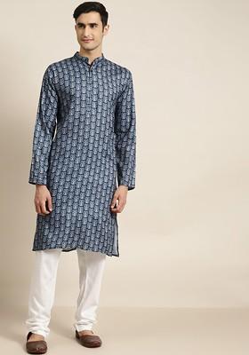 Navy Blue Ethnic Motifs Cotton Kurta For Men