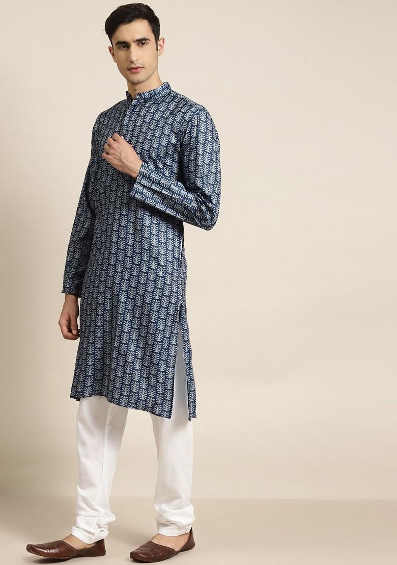 Navy Blue Ethnic Motifs Cotton Kurta For Men