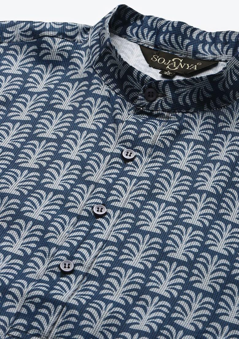 Navy Blue Ethnic Motifs Cotton Kurta For Men