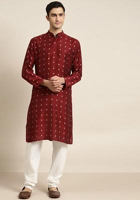 Maroon Ethnic Motifs Jacquard Kurta For Men