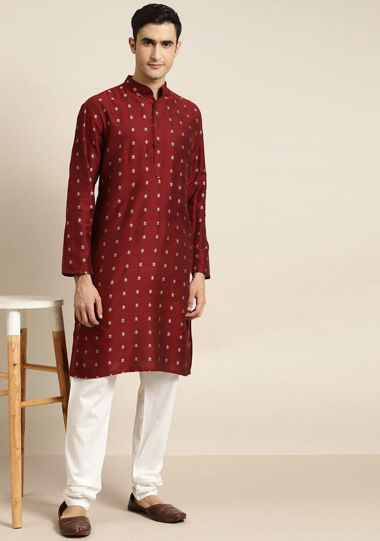 Maroon Ethnic Motifs Jacquard Kurta For Men