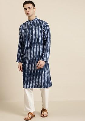 Navy Blue Printed Cotton Kurta For Men