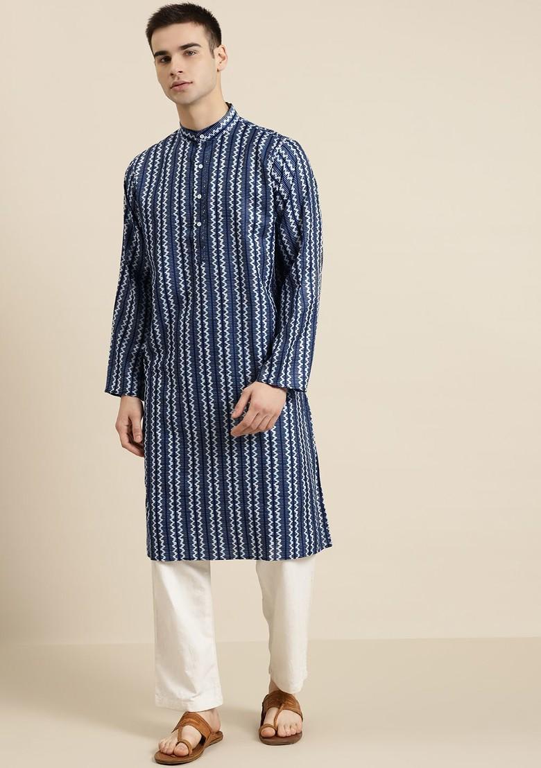 Navy Blue Printed Cotton Kurta For Men